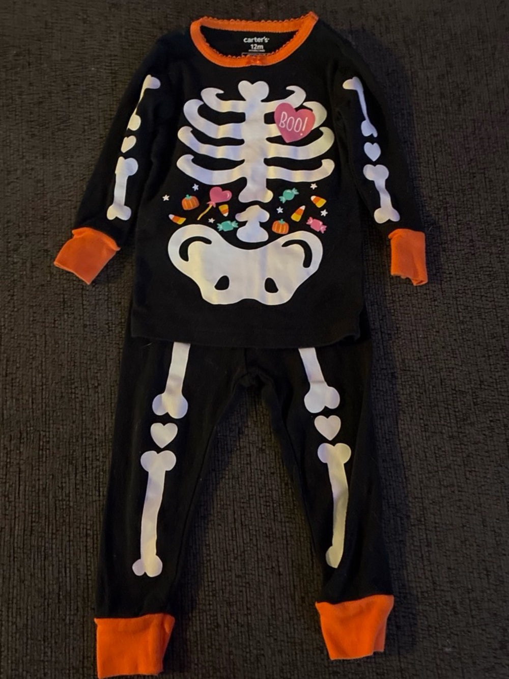 Carter's Black Skeleton Pajama Set with Orange Trim and Candy Accents